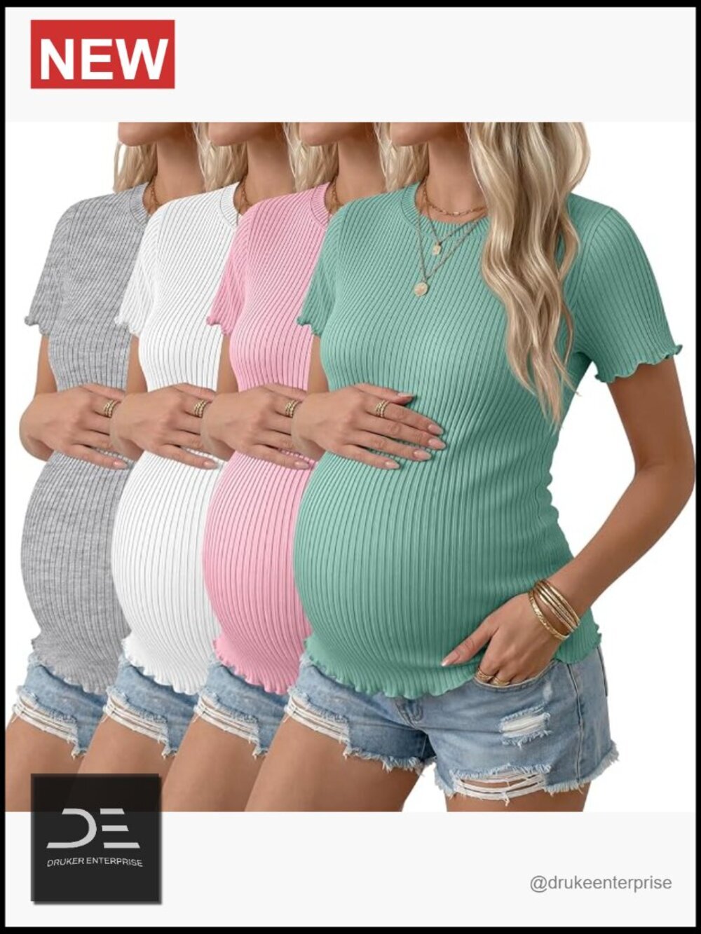 4 Pack Maternity Tops Short Sleeve Ribbed Knit Cotton Spandex Crew Neck